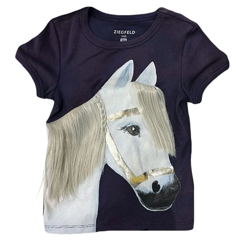 Pony Snowflake mit echter Mähne Kurzarm Marineblau T-Shirt