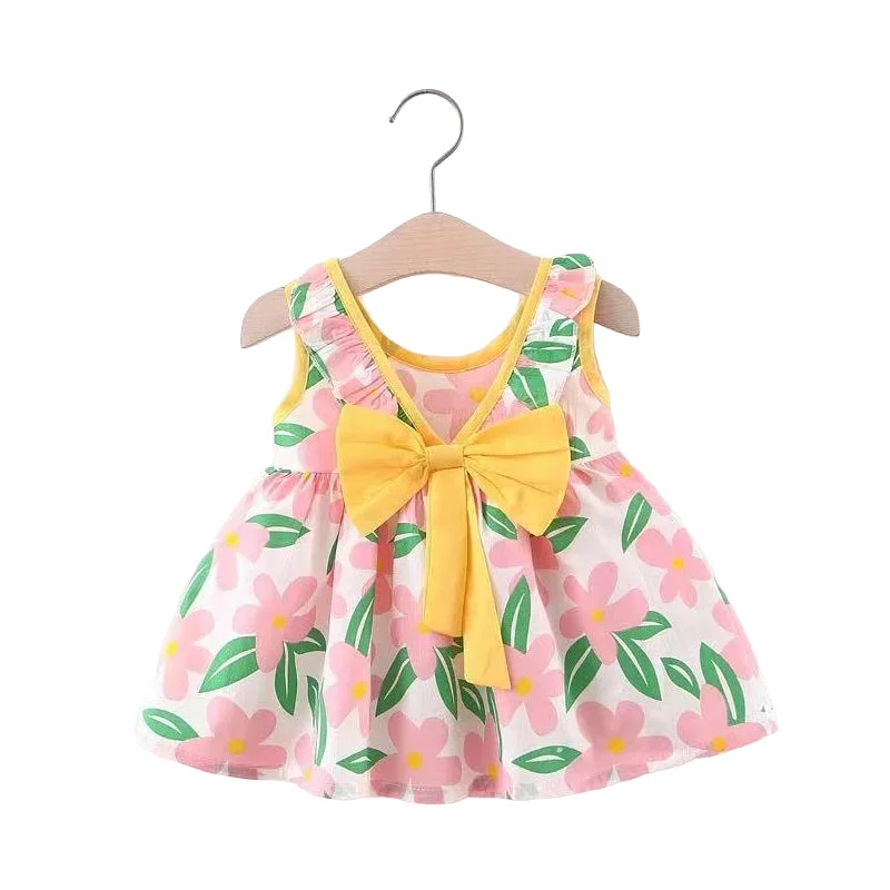 Baby Kid Girls Flower Cartoon Bow Print Dresses Wholesale 220330137